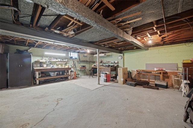 unfinished below grade area featuring a workshop area