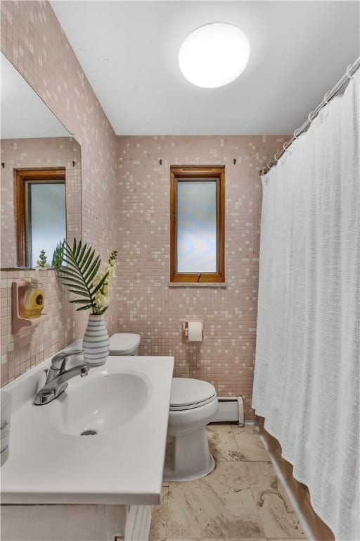 3530 Ridgeway Dr, Bethel Park, PA 15102 - bathroom with marble finish floor, toilet, vanity, a shower with curtain, and a baseboard radiator