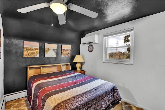 3530 Ridgeway Dr, Bethel Park, PA 15102 - bedroom featuring a baseboard radiator, an AC wall unit, baseboards, and a ceiling fan
