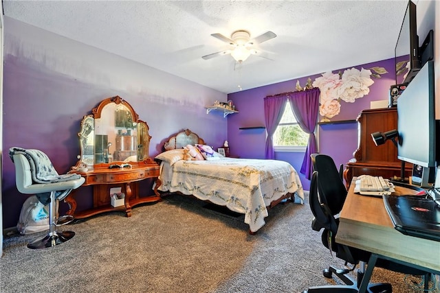 carpeted bedroom with a ceiling fan and a textured ceiling