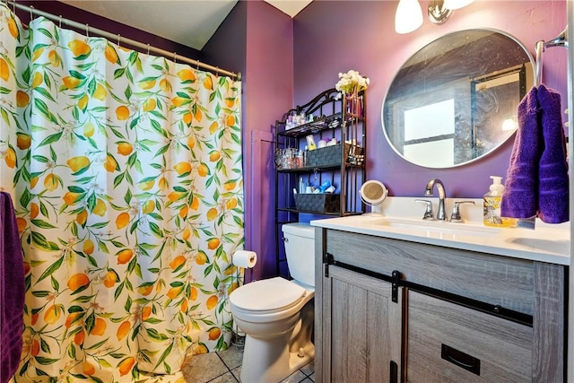 full bathroom featuring vanity, toilet, tile patterned flooring, and a shower with shower curtain