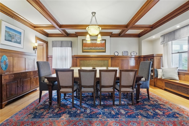 5818 Aylesboro Ave, Squirrel Hill, PA 15217 - dining space featuring coffered ceiling, light wood-style floors, beam ceiling, wainscoting, and crown molding