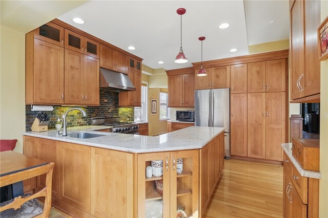 5818 Aylesboro Ave, Squirrel Hill, PA 15217 - kitchen featuring under cabinet range hood, appliances with stainless steel finishes, a sink, a peninsula, and light wood-type flooring