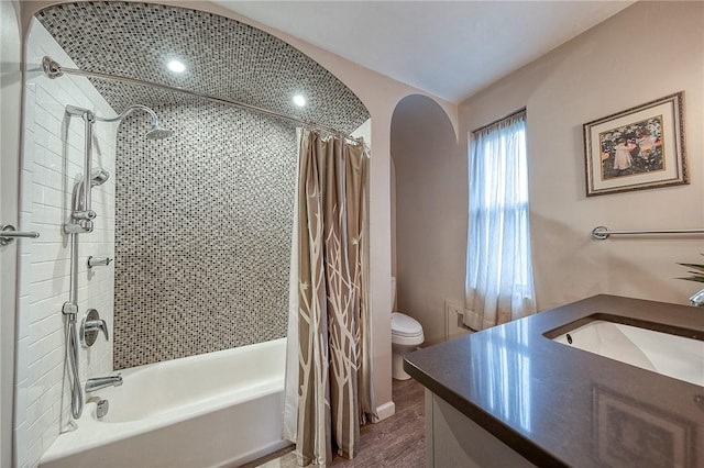 120 Arden Dr, Shaler, PA 15116 - full bathroom with vanity, wood finished floors, shower / bathtub combination with curtain, and toilet