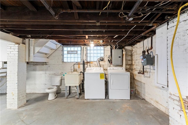 2006 Locust St, Swissvale, PA 15218 - below grade area with electric panel, washing machine and clothes dryer, a sink, and gas meter