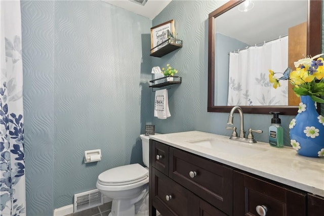 full bath featuring tile patterned floors, wallpapered walls, vanity, toilet, and visible vents