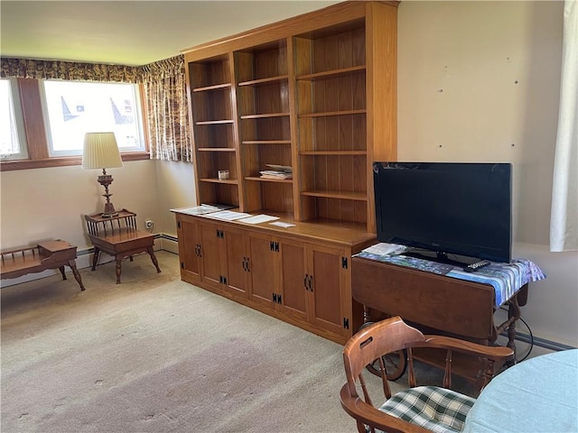 sitting room with light carpet and baseboard heating