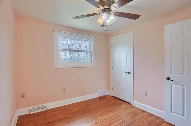 unfurnished bedroom with baseboards, a ceiling fan, light wood-style floors, and visible vents