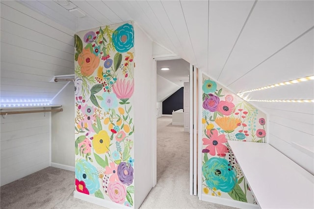 211 Wainwright Ave, Brentwood, PA 15227 - playroom featuring vaulted ceiling, carpet flooring, and wood walls