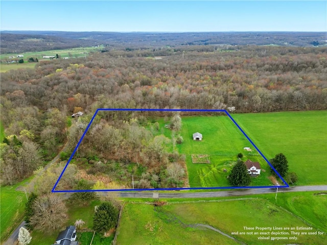 aerial view featuring a view of trees and a rural view