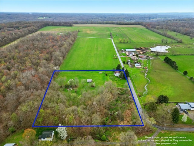 birds eye view of property with a water view and a rural view