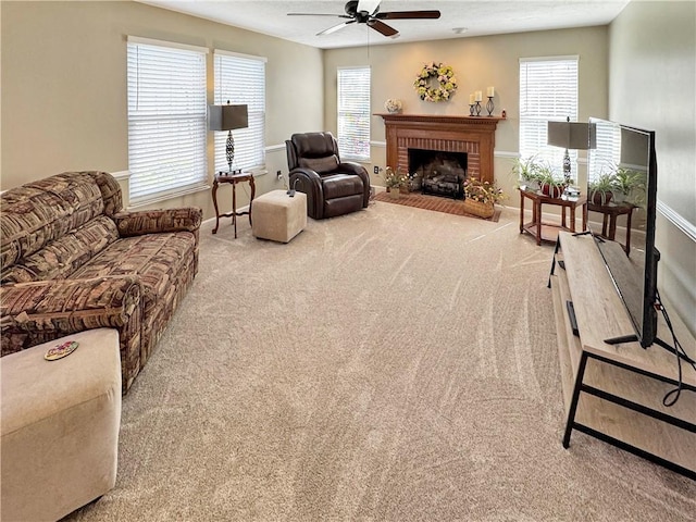 827 Boulder Dr, Bethel Park, PA 15102 - living area featuring baseboards, a fireplace, ceiling fan, and carpet floors