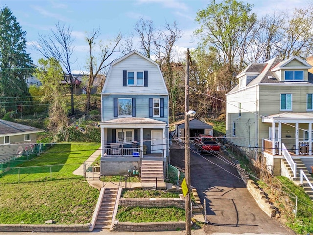 335 Queensbury Steet, Crafton Heights, PA 15205 - view of front facade featuring a gambrel roof, stairs, fence, a front lawn, and a porch