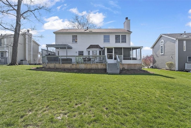 158 Edgemeade Dr, Monroeville, PA 15146 - rear view of property featuring a deck, a sunroom, a chimney, and a lawn