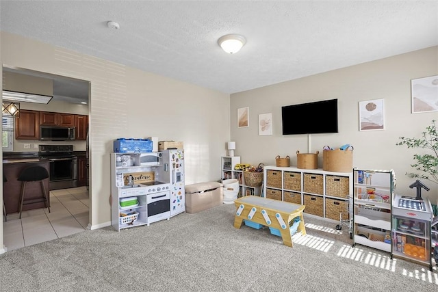 158 Edgemeade Dr, Monroeville, PA 15146 - recreation room with a textured ceiling, light colored carpet, and light tile patterned floors