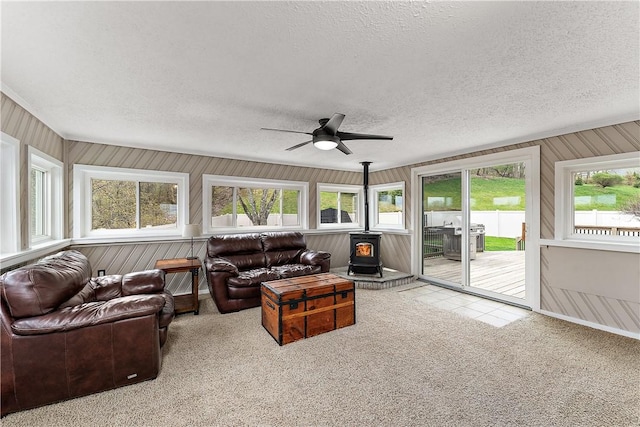 interior space featuring a wood stove