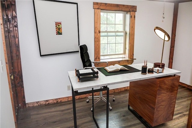 office space featuring dark wood finished floors and baseboards