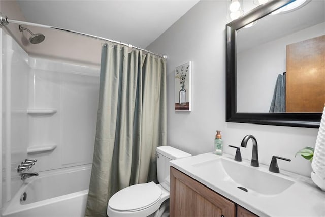 full bathroom with toilet, vanity, and shower / bathtub combination with curtain