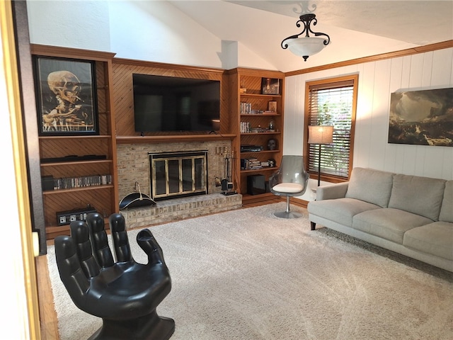 3619 Mccrady Rd, Churchill Boro, PA 15235 - carpeted living area with vaulted ceiling, wooden walls, and a brick fireplace