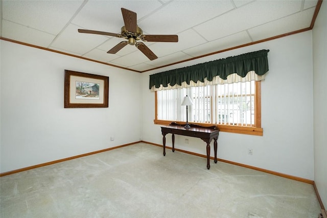 815 Franklin Ave, Connellsville, PA 15425 - carpeted empty room with ceiling fan, baseboards, crown molding, and a drop ceiling