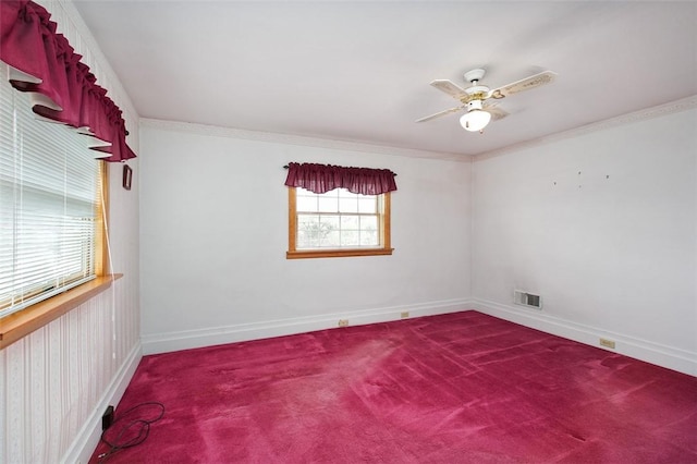 815 Franklin Ave, Connellsville, PA 15425 - carpeted empty room featuring visible vents, crown molding, baseboards, and ceiling fan