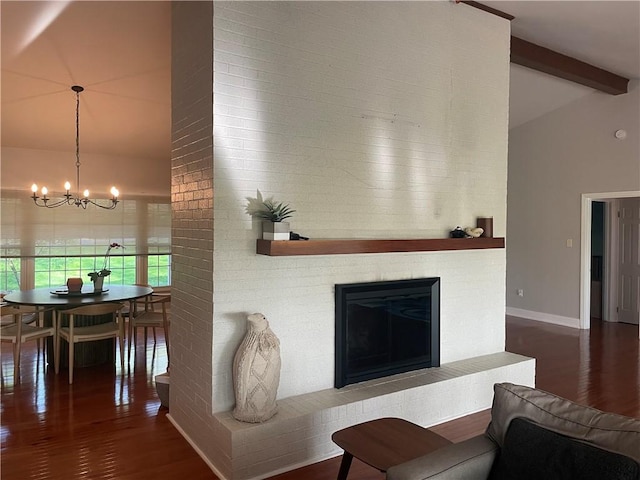 living area with wood finished floors, high vaulted ceiling, beamed ceiling, and a notable chandelier