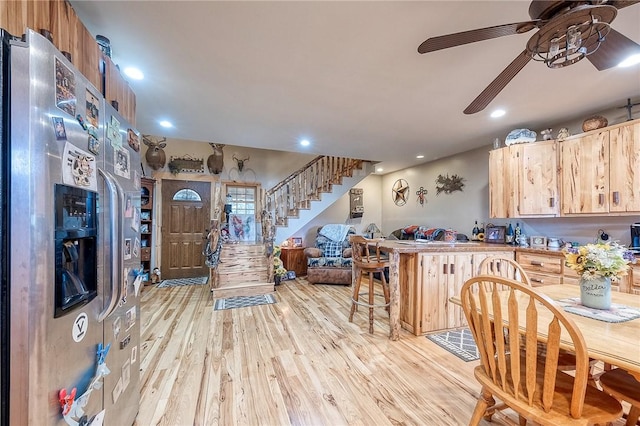2072 Washington, Washington Twp Wml, PA 15613 - kitchen with recessed lighting, light wood finished floors, a ceiling fan, a peninsula, and stainless steel refrigerator with ice dispenser