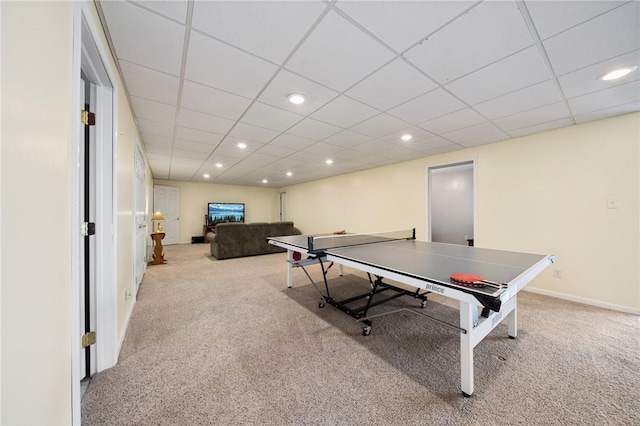 rec room featuring recessed lighting, a paneled ceiling, and carpet