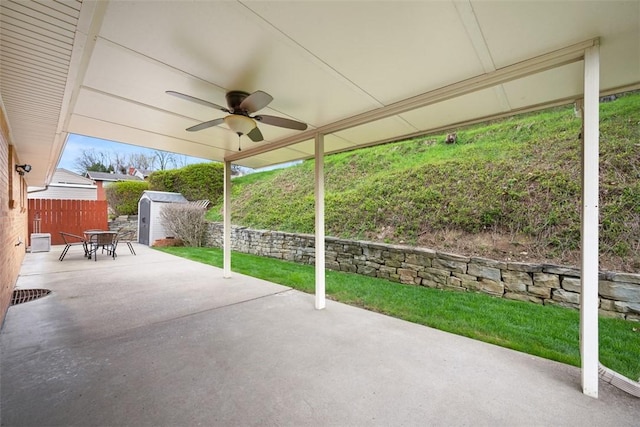 2314 Mcmonagle Ave, Banksville/Westwood, PA 15216 - view of patio / terrace featuring a fenced backyard, an outdoor structure, ceiling fan, and a storage shed