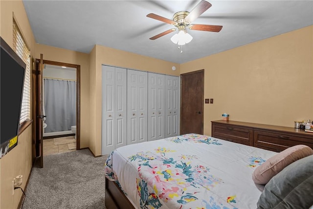 2240 Chapparal Dr, Plum Boro, PA 15239 - bedroom with a ceiling fan, ensuite bath, a closet, and light colored carpet