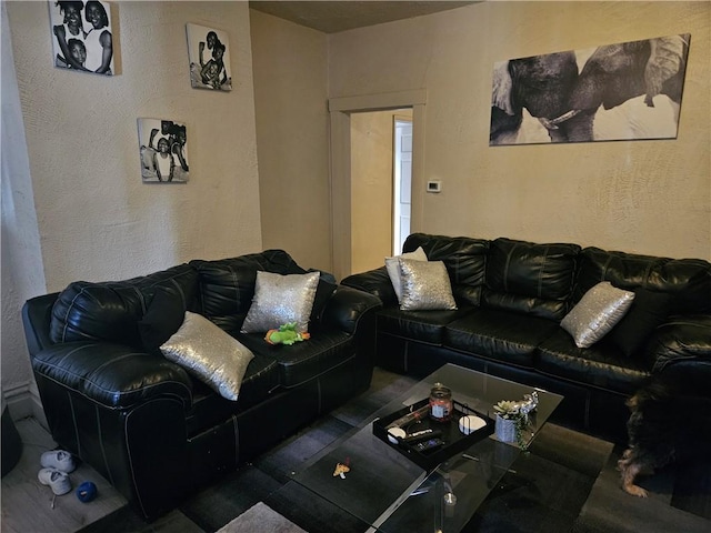 living room featuring a textured wall