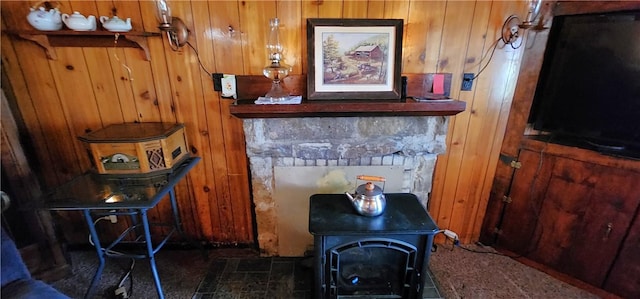 room details with wood walls and a wood stove