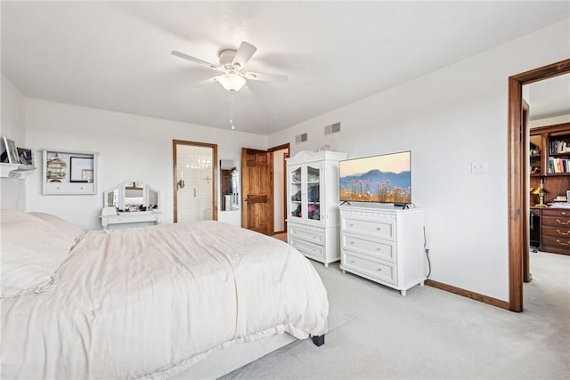 bedroom with light carpet, baseboards, visible vents, and ceiling fan