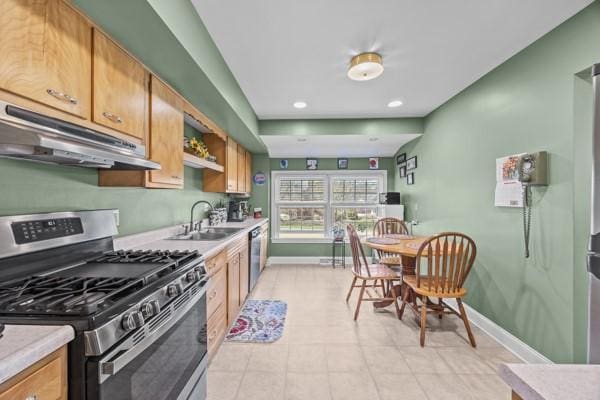 1420 Fernledge Dr, Shaler, PA 15101 - kitchen featuring baseboards, light countertops, under cabinet range hood, a sink, and stainless steel appliances