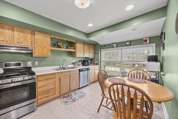 1420 Fernledge Dr, Shaler, PA 15101 - kitchen featuring appliances with stainless steel finishes, open shelves, a sink, light countertops, and under cabinet range hood