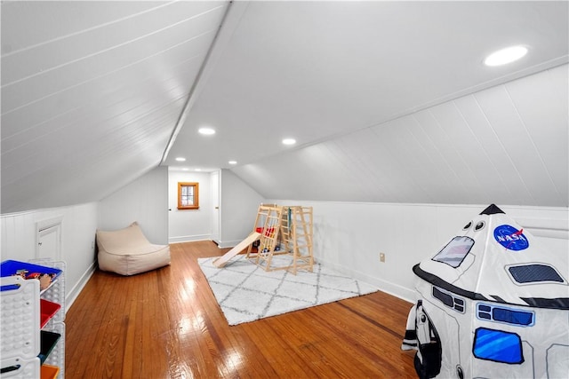 159 Inglewood Dr, Mt Lebanon, PA 15228 - game room with hardwood / wood-style floors, baseboards, recessed lighting, and lofted ceiling