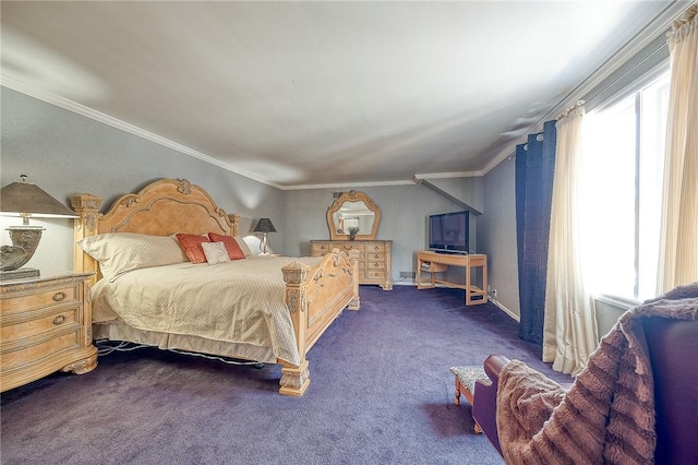 bedroom with dark colored carpet, ornamental molding, and baseboards