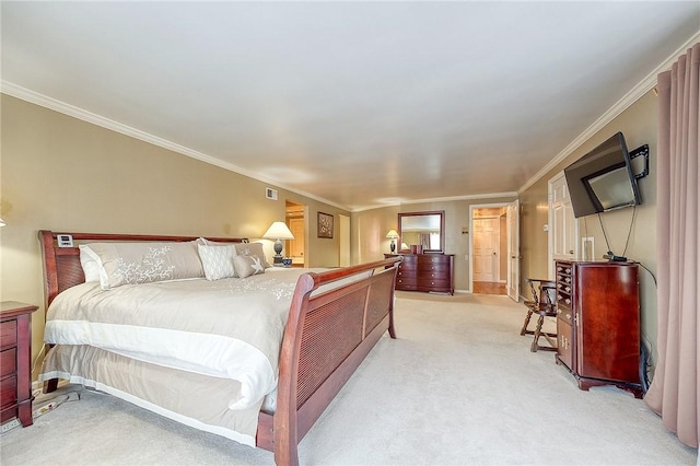 bedroom featuring light carpet and ornamental molding