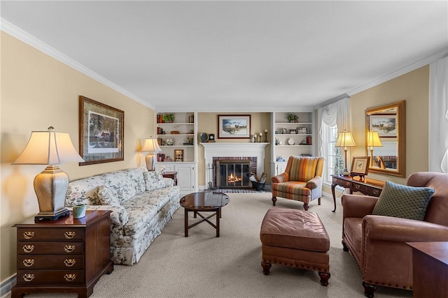 3216 Postgate Dr, Bethel Park, PA 15102 - carpeted living room featuring built in shelves, baseboards, ornamental molding, and a fireplace