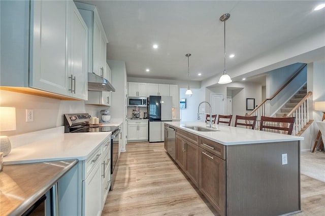 kitchen with stainless steel appliances, a sink, light wood-style floors, light countertops, and under cabinet range hood