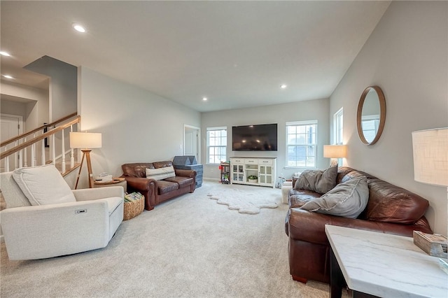 carpeted living room featuring recessed lighting