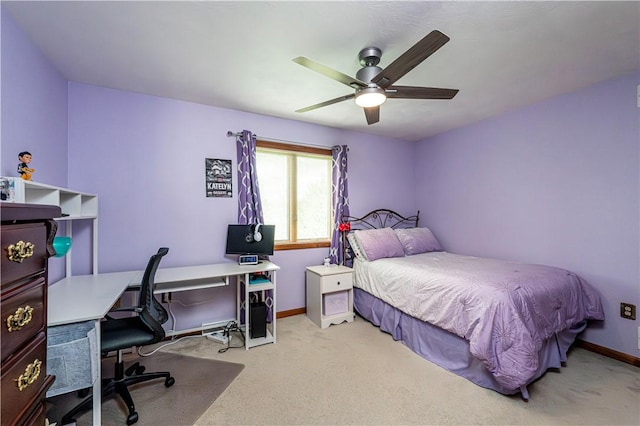bedroom featuring carpet flooring, baseboards, and ceiling fan