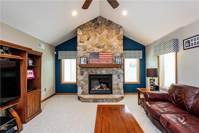 living area with vaulted ceiling, visible vents, carpet, and a ceiling fan