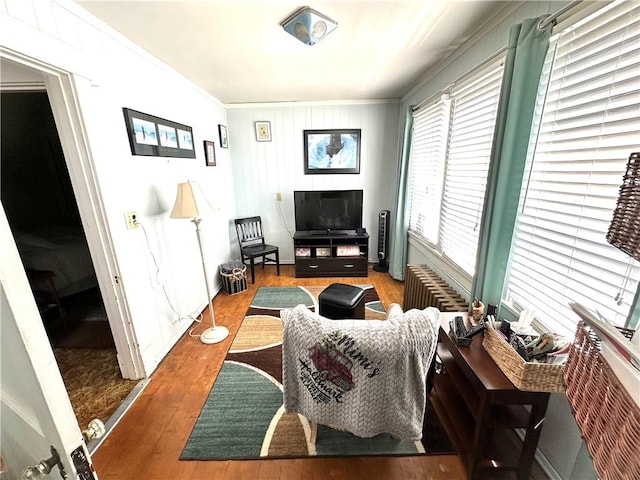 living area featuring wood finished floors and ornamental molding