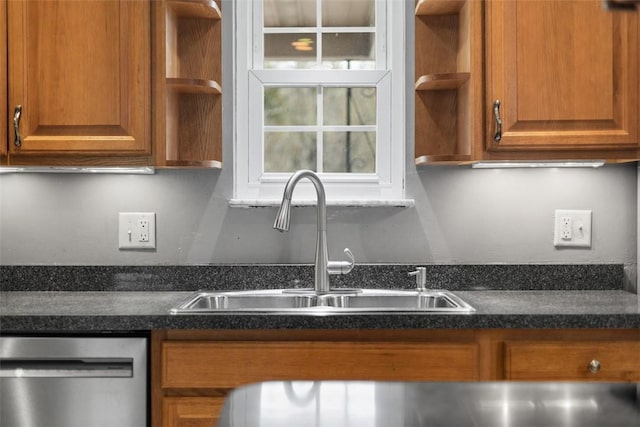2007 Garrick Dr, Churchill Boro, PA 15235 - kitchen featuring open shelves, stainless steel dishwasher, a sink, and brown cabinets