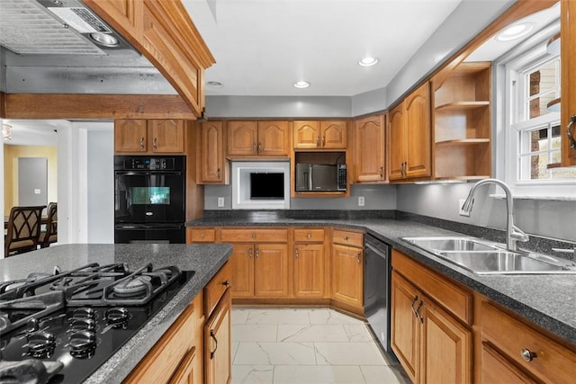 2007 Garrick Dr, Churchill Boro, PA 15235 - kitchen featuring brown cabinets, marble finish floor, open shelves, a sink, and black appliances