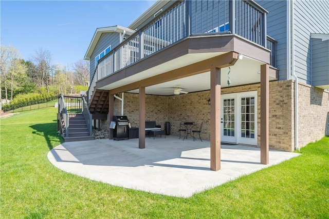 342 Juniper Way, Peters Twp, PA 15317 - back of property featuring brick siding, a patio area, a ceiling fan, a balcony, and stairway