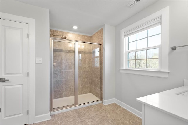 342 Juniper Way, Peters Twp, PA 15317 - full bathroom with visible vents, baseboards, recessed lighting, and a shower stall