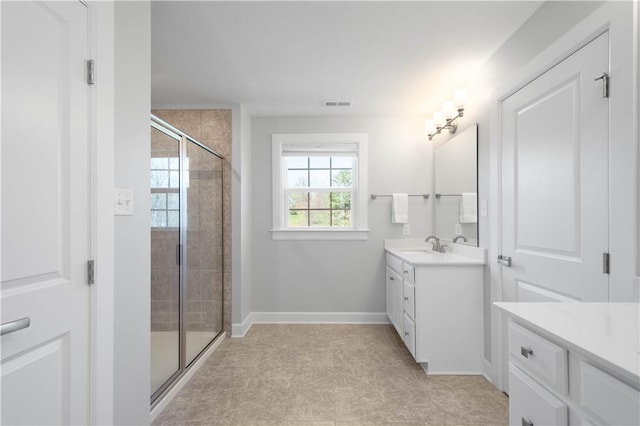 342 Juniper Way, Peters Twp, PA 15317 - bathroom with baseboards, vanity, a stall shower, and visible vents