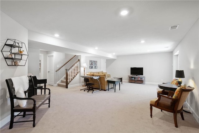 342 Juniper Way, Peters Twp, PA 15317 - living area featuring recessed lighting, visible vents, stairs, baseboards, and light colored carpet